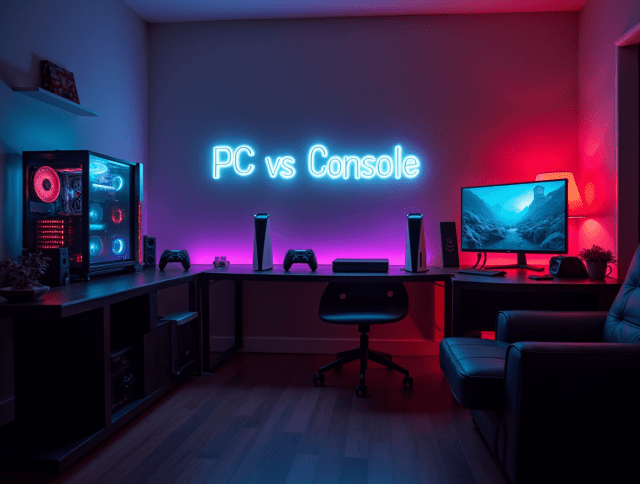 Side-by-side view of a gaming PC setup and a console gaming setup, showing a “PC vs Console” battle.