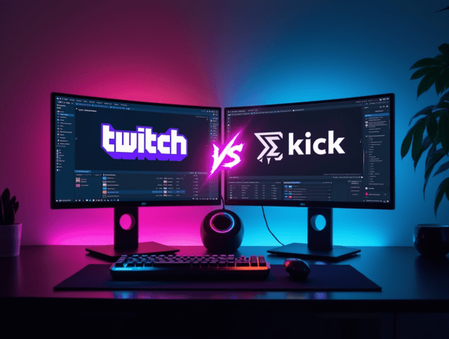 Streaming setup showing Twitch and Kick interfaces on separate monitors with a VS sign in the middle.