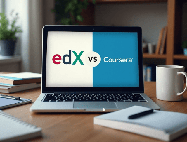 Laptop showing edX and Coursera websites side-by-side with study materials on a desk.