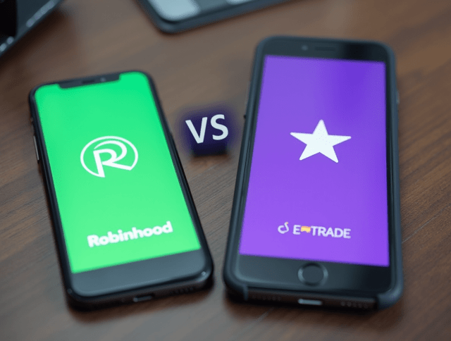 Robinhood and E*TRADE apps on smartphones with VS symbol, set on a desk.