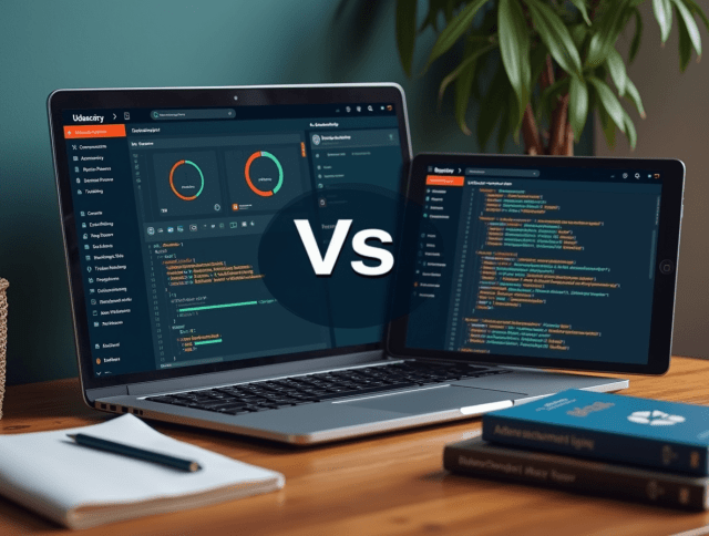 Laptop with Udacity open and tablet with Pluralsight on screen, with coding books and a "VS" icon.