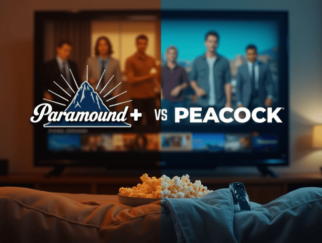 Side-by-side comparison of Paramount+ and Peacock logos with a TV screen showing shows from both platforms in a cozy living room setup, emphasizing a streaming decision.