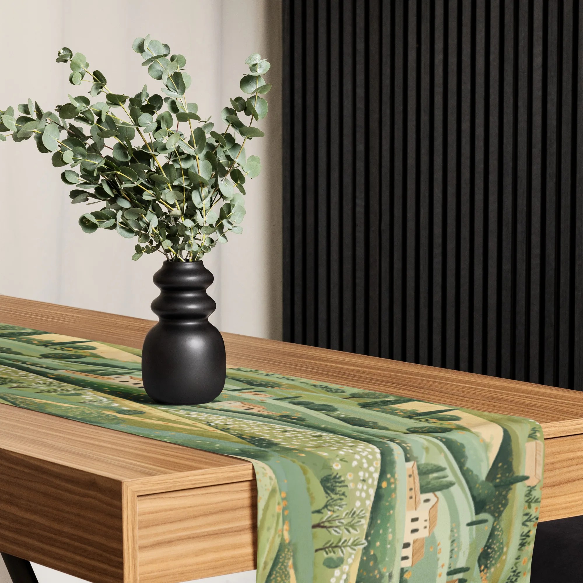 Meadow Villa Landscape table runner front view with repeating green hills villas and trees