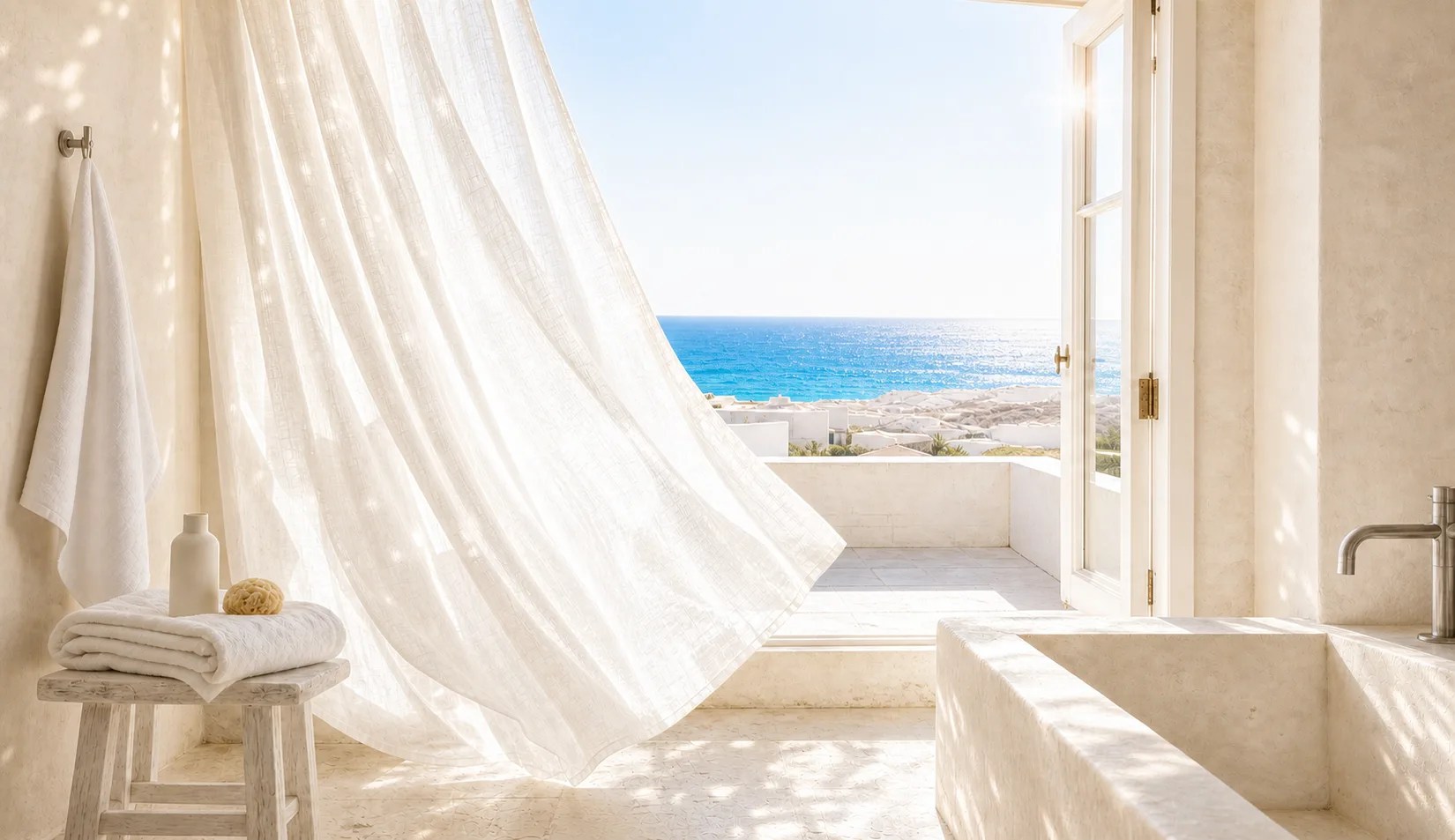 Sunlit white Mediterranean bathroom opening to a blue sea view for the Blue and White Bath Refresh collection