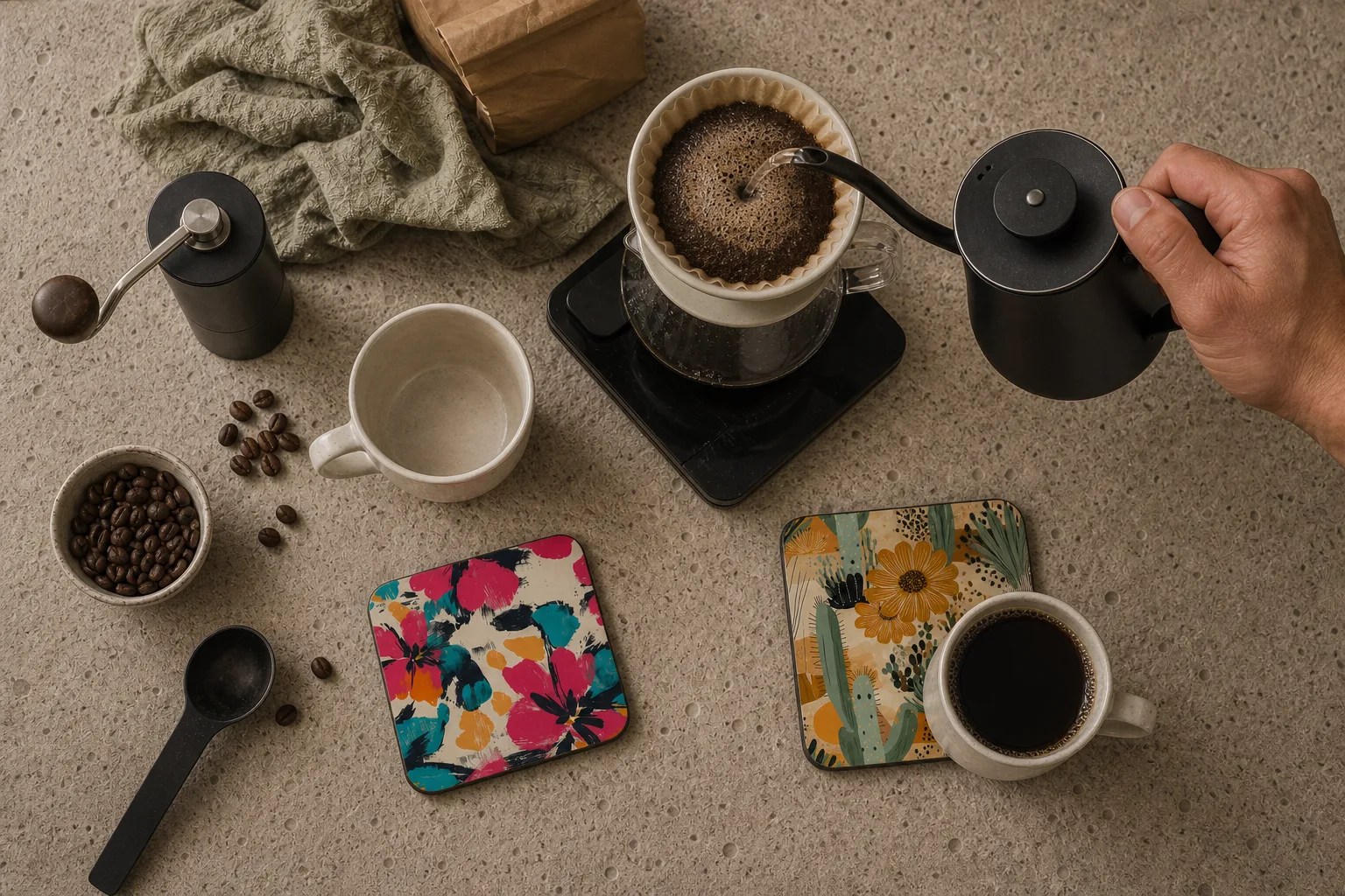 Overhead coffee-making scene with two colorful patterned cork coasters on a stone table