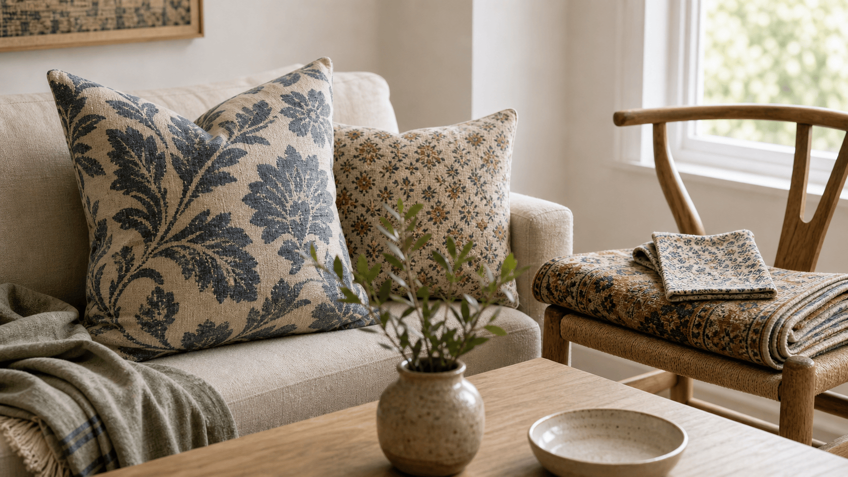 A neutral home scene showing large, medium, and small pattern scales across pillows and folded textiles.