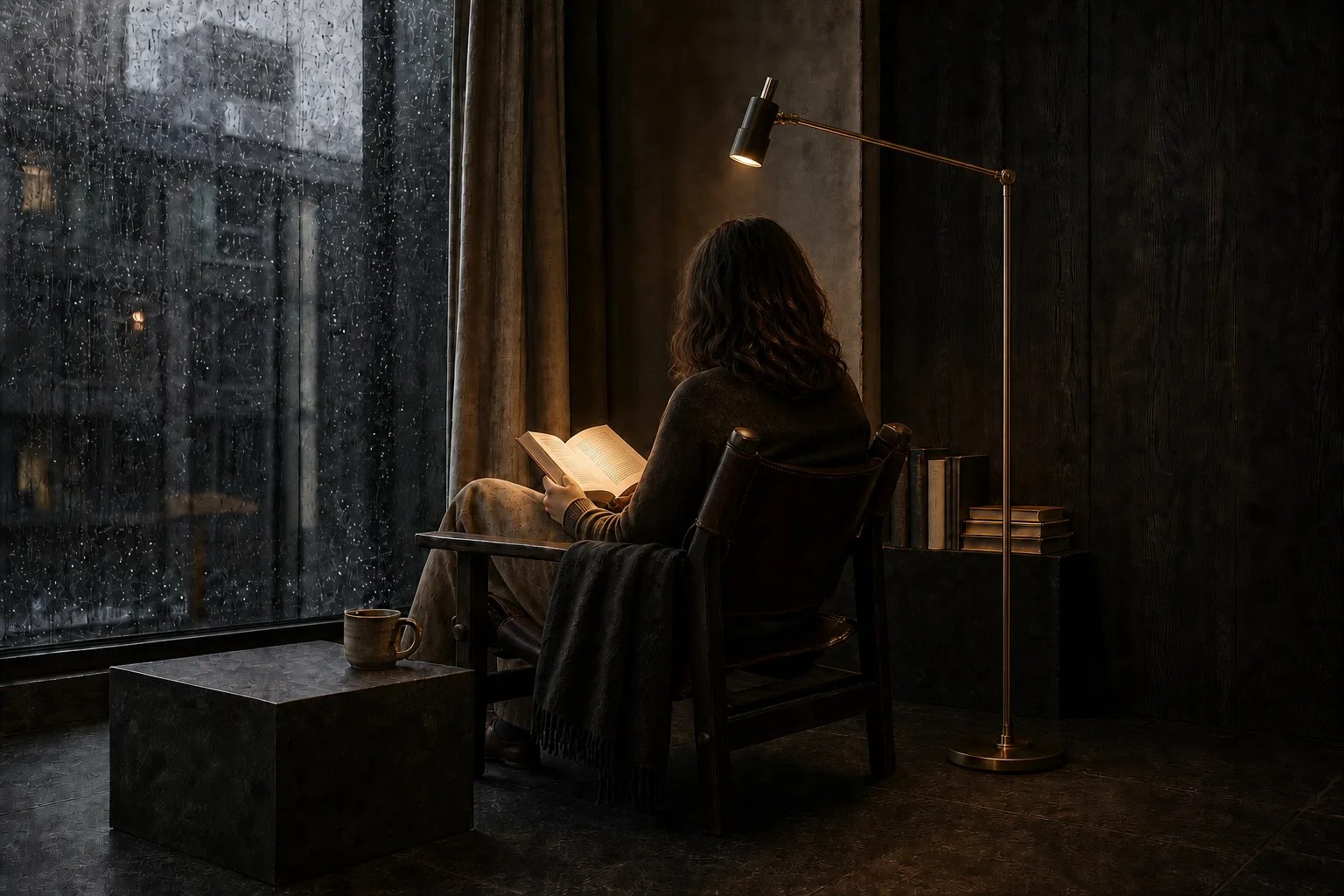 Person reading in a dark chair beside a rain-covered window and brass floor lamp for the Reading Corner Layers collection