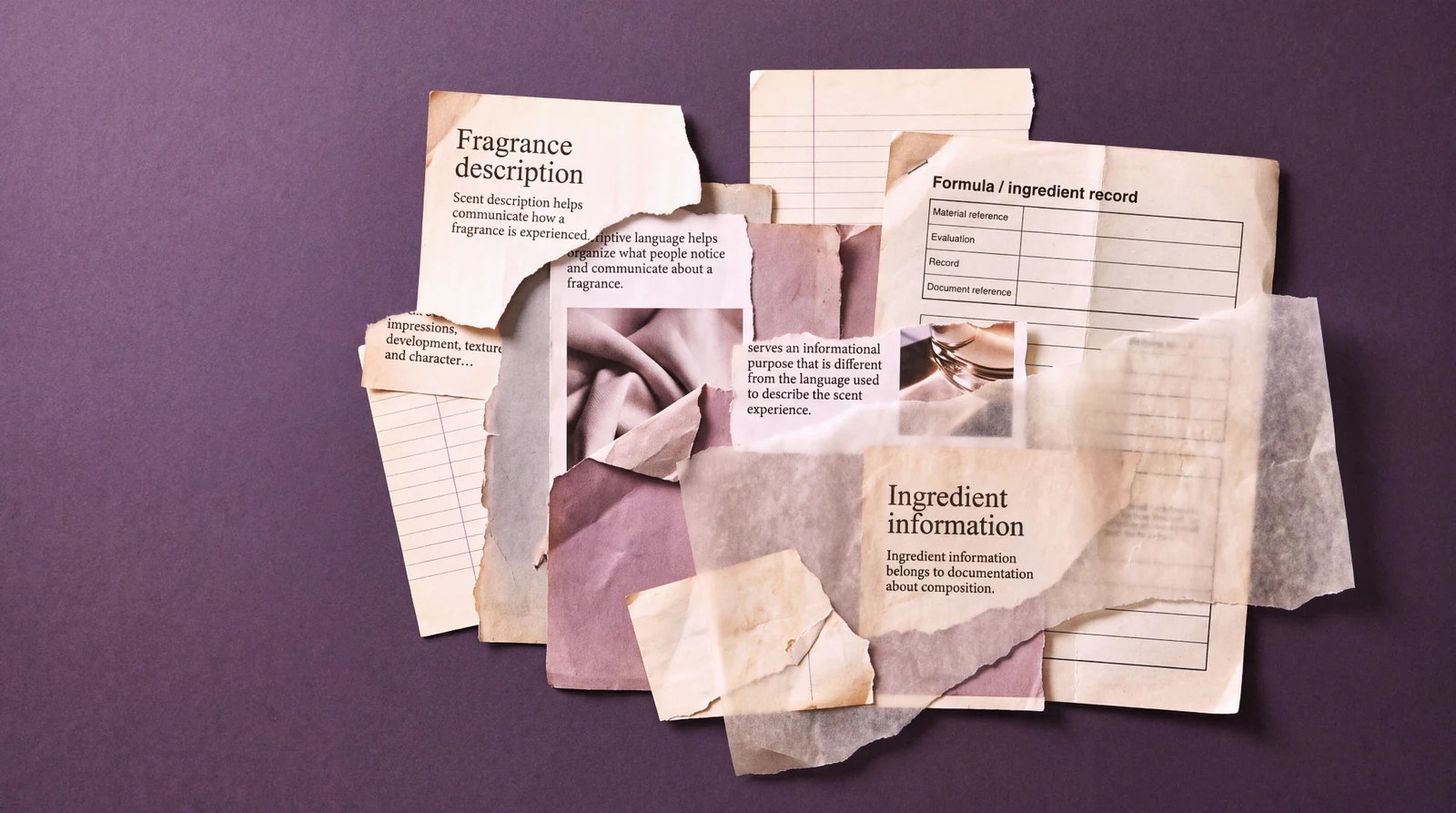 Conceptual editorial artwork contrasting fragrance description with ingredient documentation.