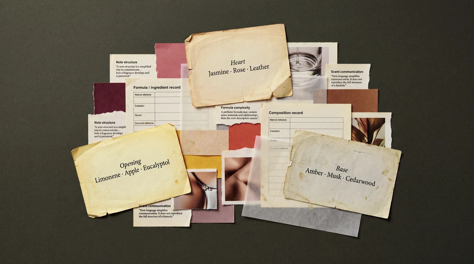 Conceptual editorial artwork illustrating that a note pyramid is a simplified scent description rather than a complete formula.