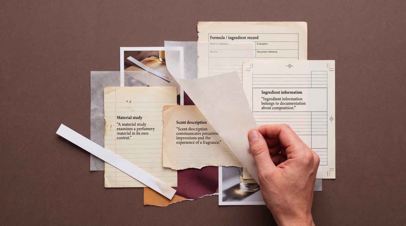 Conceptual editorial artwork illustrating scent description, material study and ingredient information as distinct contexts.