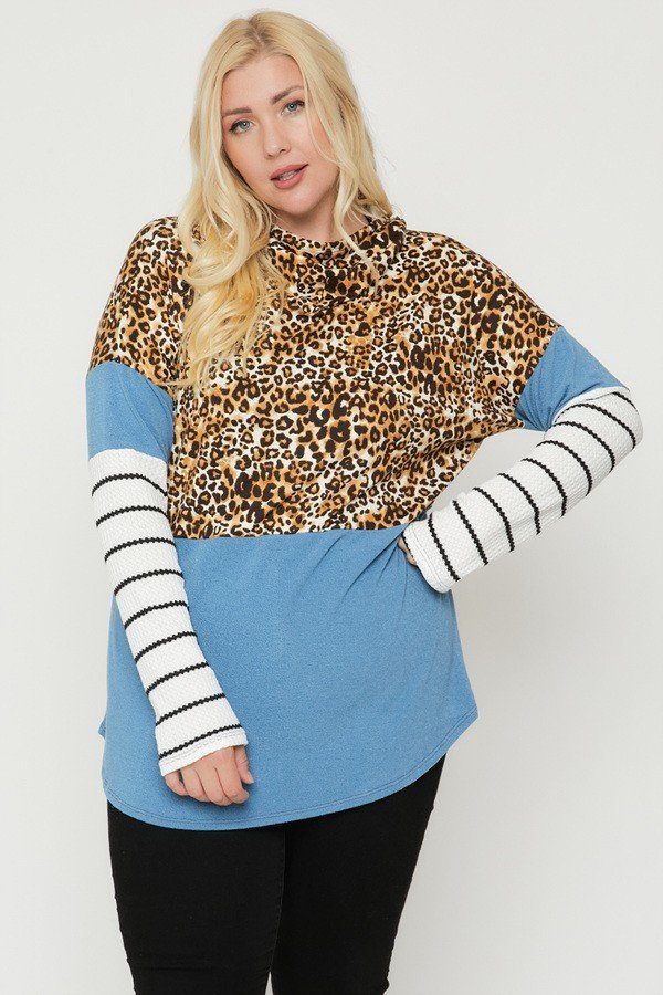 Plus Size Cheetah Print Hoodie — Color Block Style