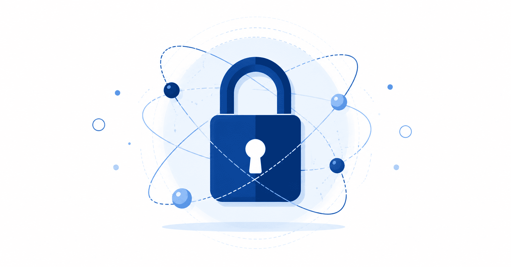 Quantum computing encryption and cybersecurity concept with a secure padlock and quantum particle orbit