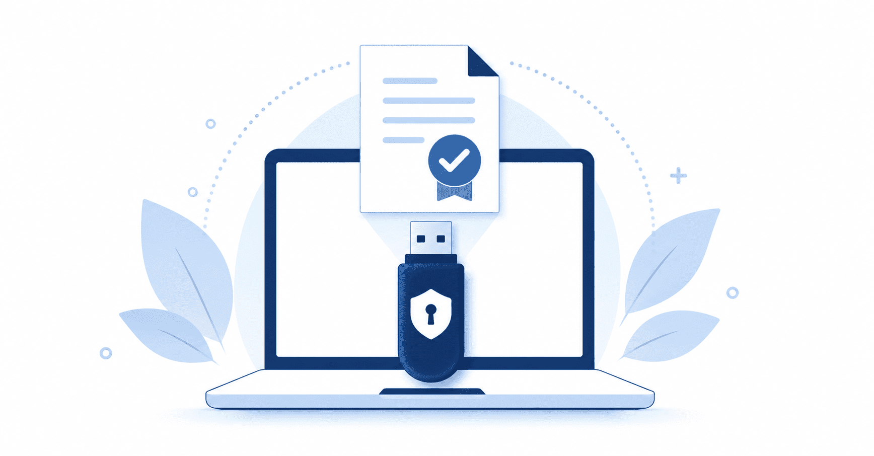 USB security token plugged into a laptop with a verified document.