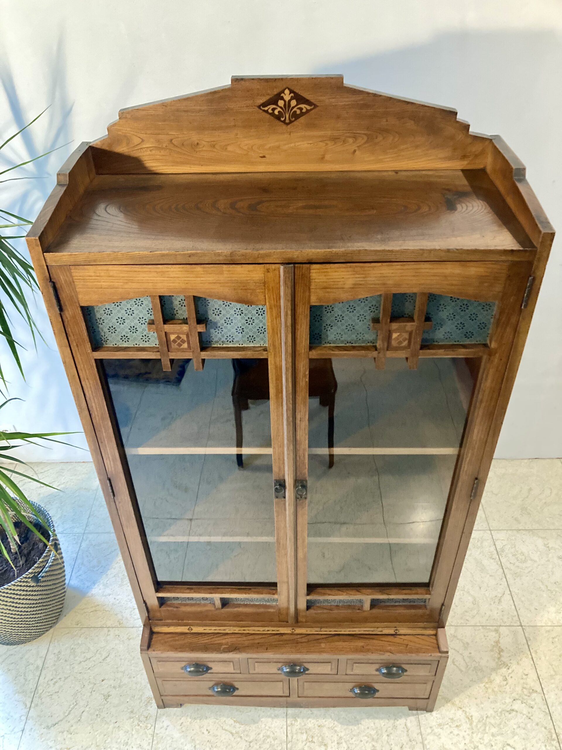 Antique Japanese Light Oak Glass Door Cabinet / Book Case 'Japandi' Style