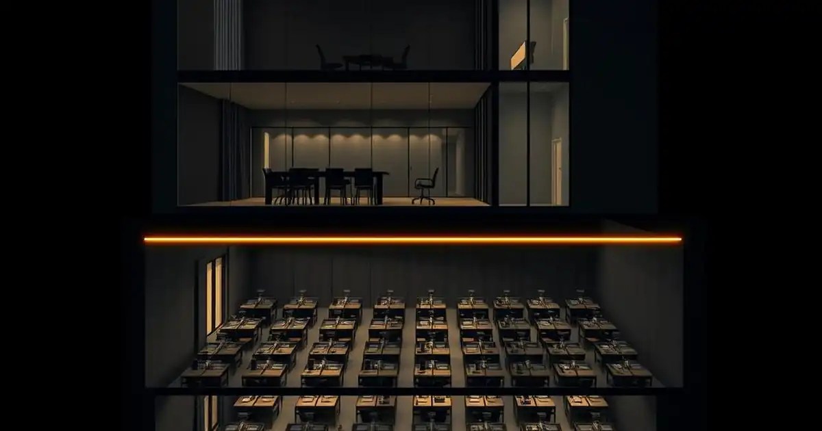 Cross-section of a darkened building, upper floor an executive boardroom, lower floor a working grid, divided by a thin bronze seam.