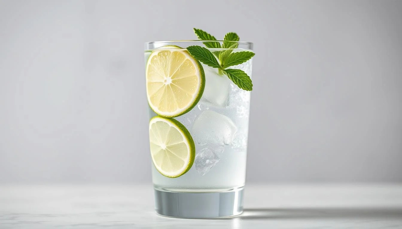 Generate an image of a refreshing vodka soda with a slice of lime and a sprig of mint. Generate an image of a refreshing vodka soda with a slice of lime and a sprig of mint.