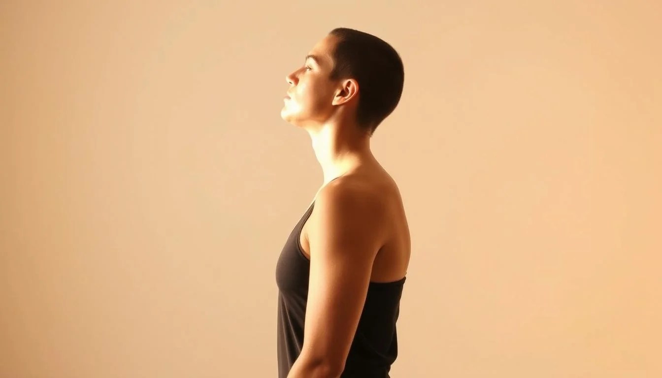 A calm, well-lit studio setting with a person demonstrating a neck release sequence for upper body alignment. The subject is shown in profile, standing upright with good posture. Their head is gently tilted to the side, neck muscles relaxed, as they perform a slow, controlled neck rotation. Warm, natural lighting highlights the smooth, contoured features of the upper body. The background is minimalist, with a plain, neutral-colored surface to keep the focus on the subject's movements. The overall atmosphere is serene, inviting the viewer to follow along and experience the neck release sequence. A calm, well-lit studio setting with a person demonstrating a neck release sequence for upper body alignment. The subject is shown in profile, standing upright with good posture. Their head is gently tilted to the side, neck muscles relaxed, as they perform a slow, controlled neck rotation. Warm, natural lighting highlights the smooth, contoured features of the upper body. The background is minimalist, with a plain, neutral-colored surface to keep the focus on the subject's movements. The overall atmosphere is serene, inviting the viewer to follow along and experience the neck release sequence.