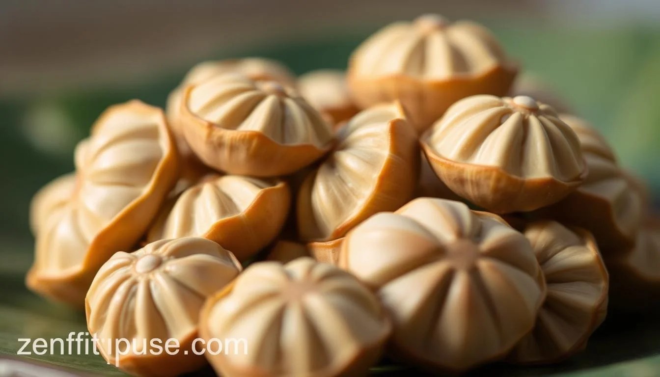 A close-up, detailed photograph of a cluster of lotus seeds, their distinctive segmented shells glistening under soft, natural lighting. The seeds are arranged in the foreground, showcasing their unique texture and intricate patterns. The background is slightly blurred, creating a sense of depth and focus on the nutritious lotus seeds. The overall composition highlights the seeds' rich, earthy tones and their role as a superfood, as captured by the zenfitpulse.com brand. A close-up, detailed photograph of a cluster of lotus seeds, their distinctive segmented shells glistening under soft, natural lighting. The seeds are arranged in the foreground, showcasing their unique texture and intricate patterns. The background is slightly blurred, creating a sense of depth and focus on the nutritious lotus seeds. The overall composition highlights the seeds' rich, earthy tones and their role as a superfood, as captured by the zenfitpulse.com brand.