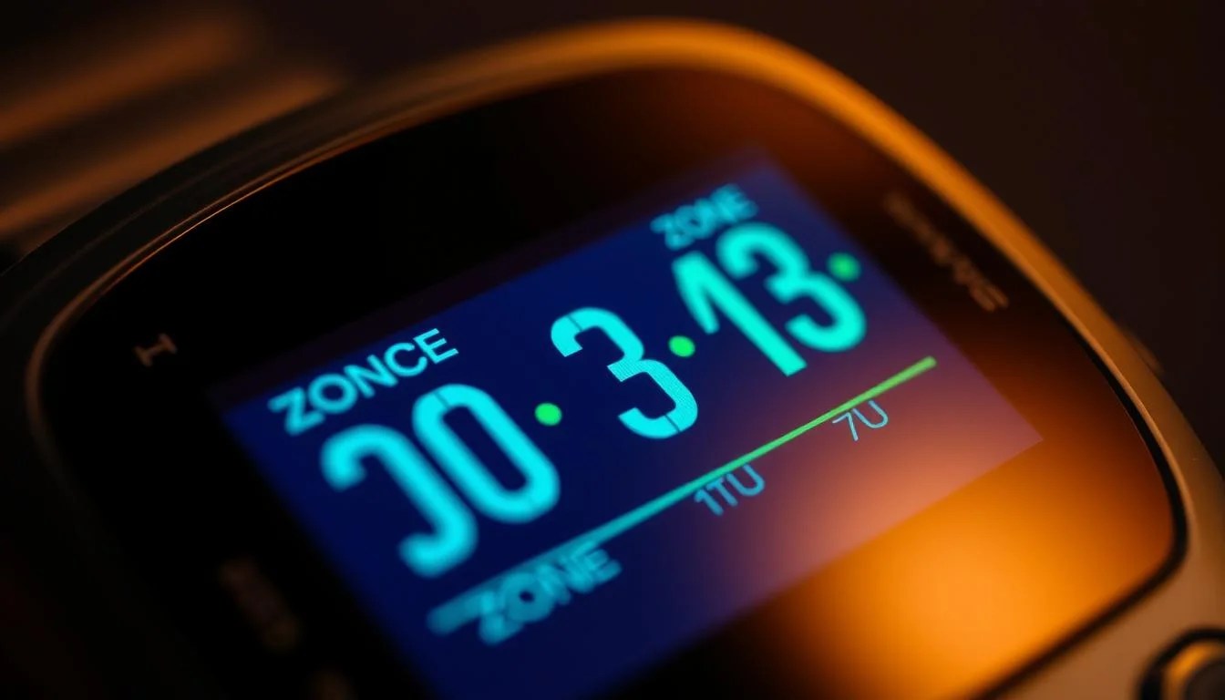 A close-up view of a heart rate monitor display, showcasing the different cardio intensity zones with clear visual delineations. The display is illuminated by a soft, warm light that creates a calming, focused atmosphere. The zones are depicted using a color gradient, ranging from deep blue for the lower-intensity Zone 2, transitioning to vibrant greens and yellows for the higher-intensity zones. The display is rendered with a high level of detail, capturing the nuances of the digital interface and creating a sense of technical precision. The overall composition emphasizes the importance of understanding and leveraging these cardio intensity zones for effective training and fat-burning. A close-up view of a heart rate monitor display, showcasing the different cardio intensity zones with clear visual delineations. The display is illuminated by a soft, warm light that creates a calming, focused atmosphere. The zones are depicted using a color gradient, ranging from deep blue for the lower-intensity Zone 2, transitioning to vibrant greens and yellows for the higher-intensity zones. The display is rendered with a high level of detail, capturing the nuances of the digital interface and creating a sense of technical precision. The overall composition emphasizes the importance of understanding and leveraging these cardio intensity zones for effective training and fat-burning.