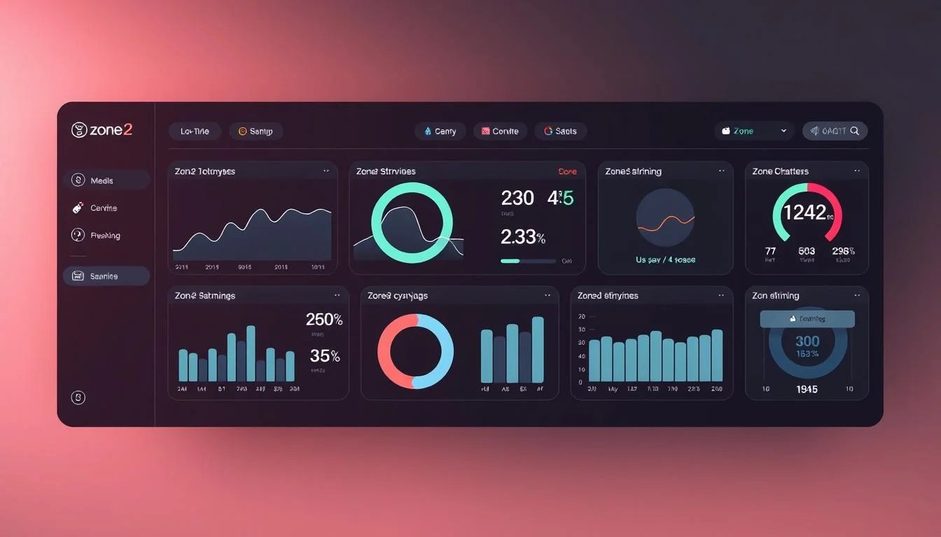 A sleek, minimalist dashboard display showcasing various metrics related to Zone2 cardio training. The interface features a clean, data-driven layout with stylized graphs, charts, and numerical readouts tracking progress over time. The background is a subtle gradient, providing a sense of depth and professionalism. Soft lighting creates a modern, high-tech atmosphere, with a slightly muted color palette to emphasize the analytical nature of the content. The overall design is intuitive and easy to read, making it an effective tool for visualizing and monitoring Zone2 cardio performance.