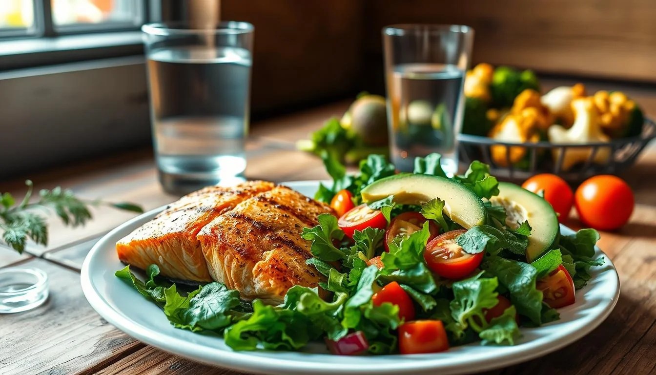 A visually appealing low-carb meal with an array of nutrient-dense ingredients. In the foreground, a plate features a hearty serving of grilled salmon, accompanied by a vibrant green salad with mixed leafy greens, cherry tomatoes, and avocado slices. In the middle ground, a glass of water and a side of roasted broccoli and cauliflower florets add texture and balance. The background showcases a rustic wooden table, with natural lighting streaming in from a nearby window, creating a warm, inviting atmosphere. The overall scene conveys a sense of wholesome, satisfying, and fat-burning nourishment.