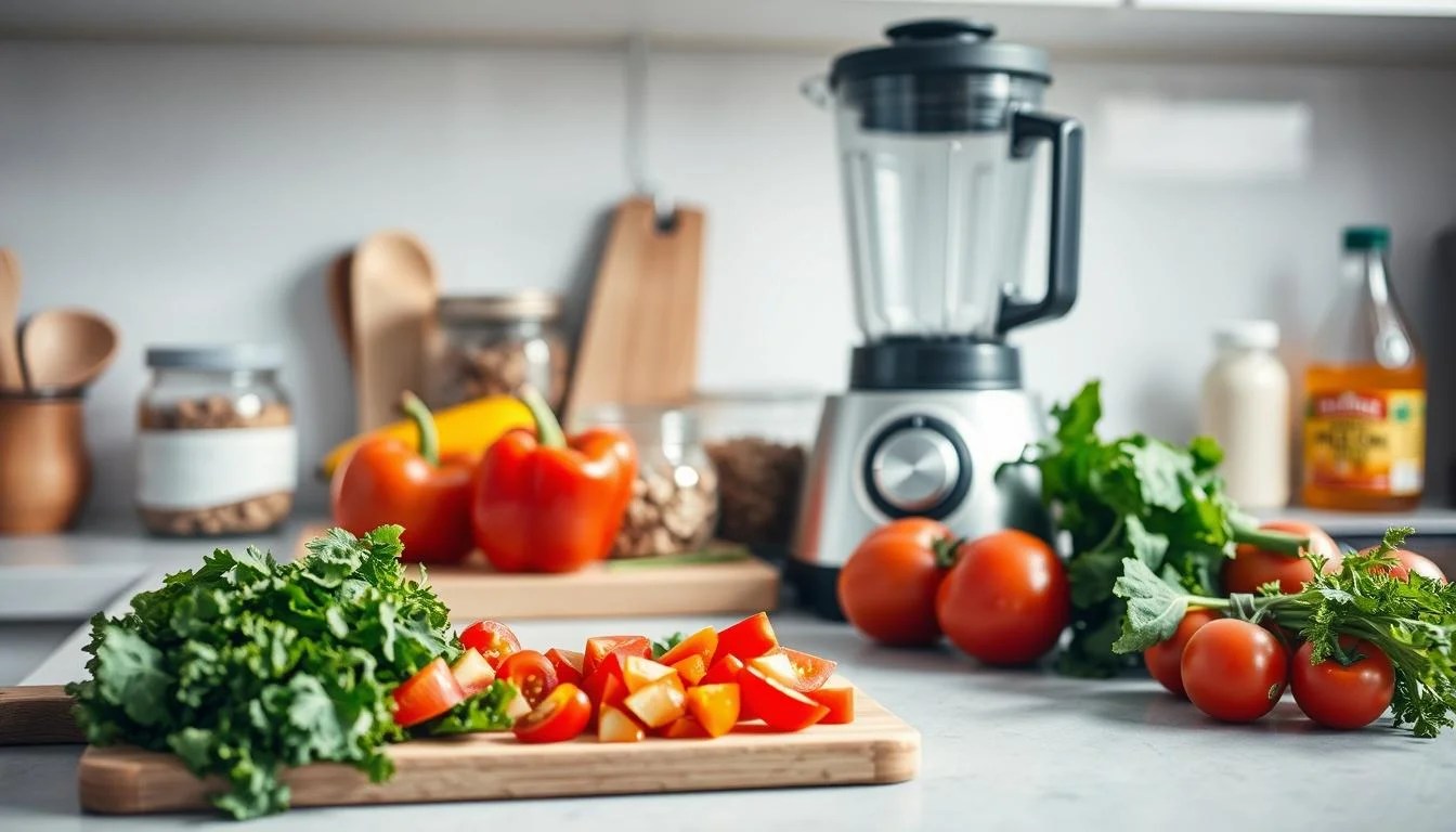 A well-lit kitchen counter, its surface adorned with an array of low-carb essentials. In the foreground, a cutting board showcases freshly chopped vegetables - crisp kale, vibrant bell peppers, and juicy tomatoes. Beside it, a sleek blender stands ready to craft nutritious smoothies. In the middle ground, a glass container holds a variety of nuts and seeds, while a jar of coconut oil and a bottle of apple cider vinegar sit nearby, hinting at the flavorful possibilities. The background features a clean, minimalist backsplash, emphasizing the simplicity and functionality of this low-carb kitchen. Soft, natural lighting casts a warm glow, creating an inviting atmosphere for healthy meal preparation.