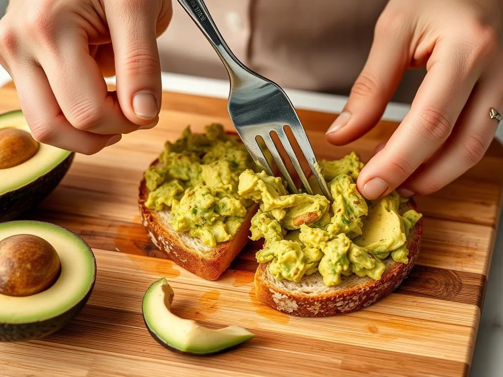 Hands preparing avocado toast, mashing avocado with fork Hands preparing avocado toast, mashing avocado with fork