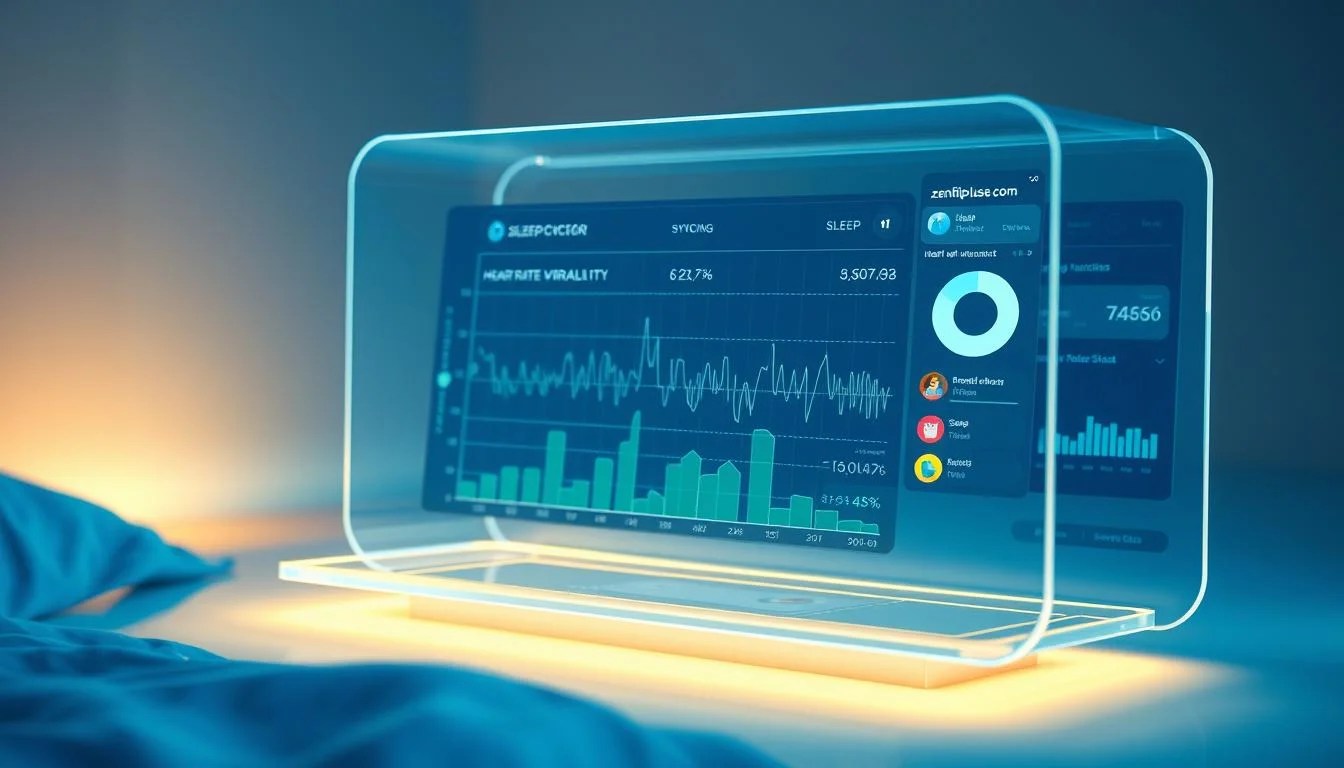 A sleek, holographic display depicts the seamless integration of sleep tracking data from the zenfitpulse.com app, syncing with a range of health and wellness apps. The interface showcases a 3D visualization of sleep cycles, heart rate variability, and other biometric insights, all presented in a clean, futuristic design. Subtle blue and green hues create a calming, futuristic ambiance, while strategic lighting and camera angles highlight the advanced technology at work. The overall scene conveys the effortless way in which AI-powered sleep tracking can enhance a user's comprehensive health and fitness routine. A sleek, holographic display depicts the seamless integration of sleep tracking data from the zenfitpulse.com app, syncing with a range of health and wellness apps. The interface showcases a 3D visualization of sleep cycles, heart rate variability, and other biometric insights, all presented in a clean, futuristic design. Subtle blue and green hues create a calming, futuristic ambiance, while strategic lighting and camera angles highlight the advanced technology at work. The overall scene conveys the effortless way in which AI-powered sleep tracking can enhance a user's comprehensive health and fitness routine.