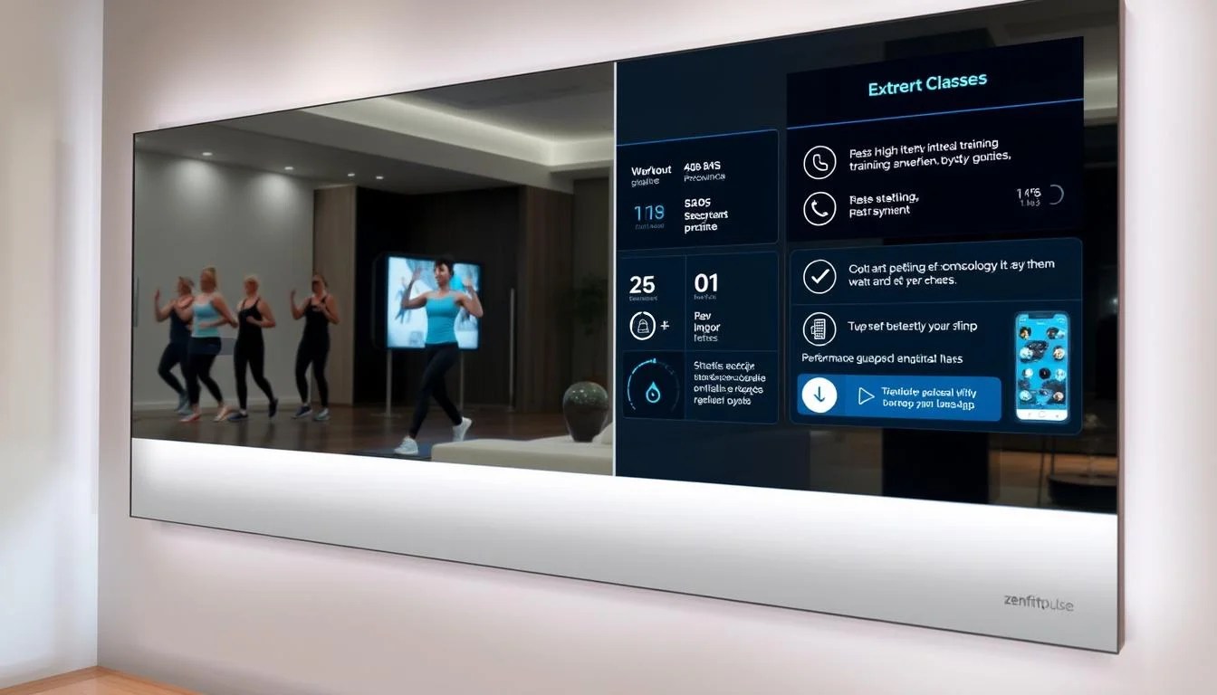 A well-lit, modern smart fitness mirror displays an array of interactive exercise classes. Sleek, frameless glass reflects a dynamic instructor leading a high-intensity interval training session, their movements mirrored by virtual participants. The mirror's surface seamlessly transitions between workout guidance, performance metrics, and customizable settings, all integrated with the zenfitpulse.com fitness app. Soft, neutral-toned decor creates a serene, focus-enhancing atmosphere, while strategic backlighting accentuates the mirror's premium aesthetic. The scene conveys a seamless fusion of technology and wellness, enabling personalized, guided home workouts.