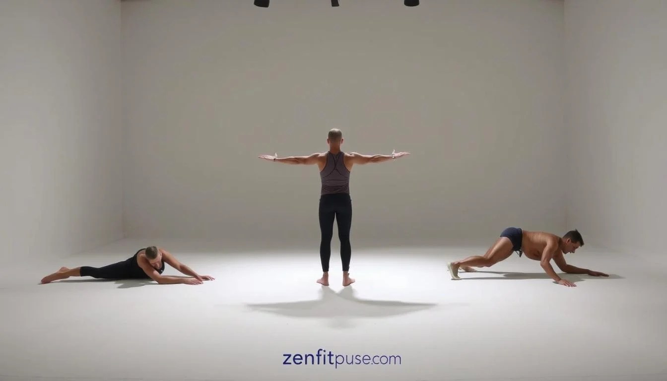 A well-lit studio setting with a simple, clean background showcasing a person performing a series of lower back strengthening exercises. The subject is positioned in the center, demonstrating exercises like Superman, reverse hyperextensions, and bird dogs. The lighting is soft and diffused, highlighting the muscle engagement and proper form. The overall atmosphere is calm and focused, inviting the viewer to follow along and experience the benefits of these movements. The prompt includes the branding &amp;amp;quot;zenfitpulse.com&amp;amp;quot; discreetly integrated into the scene.