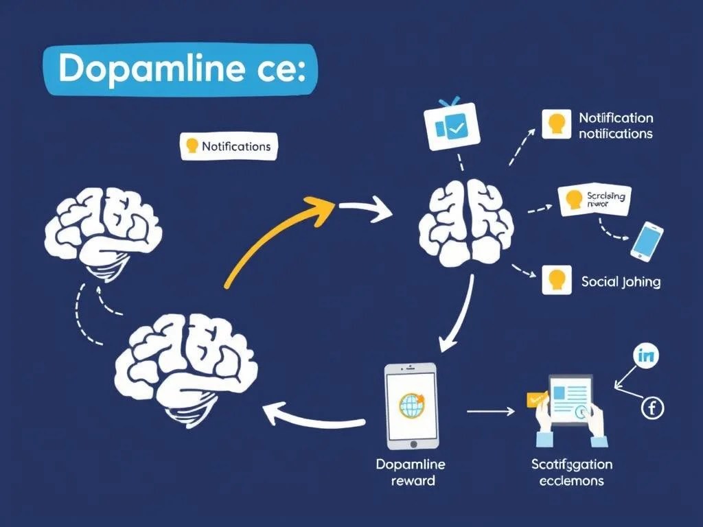 Illustration showing dopamine cycle triggered by digital device use Illustration showing dopamine cycle triggered by digital device use