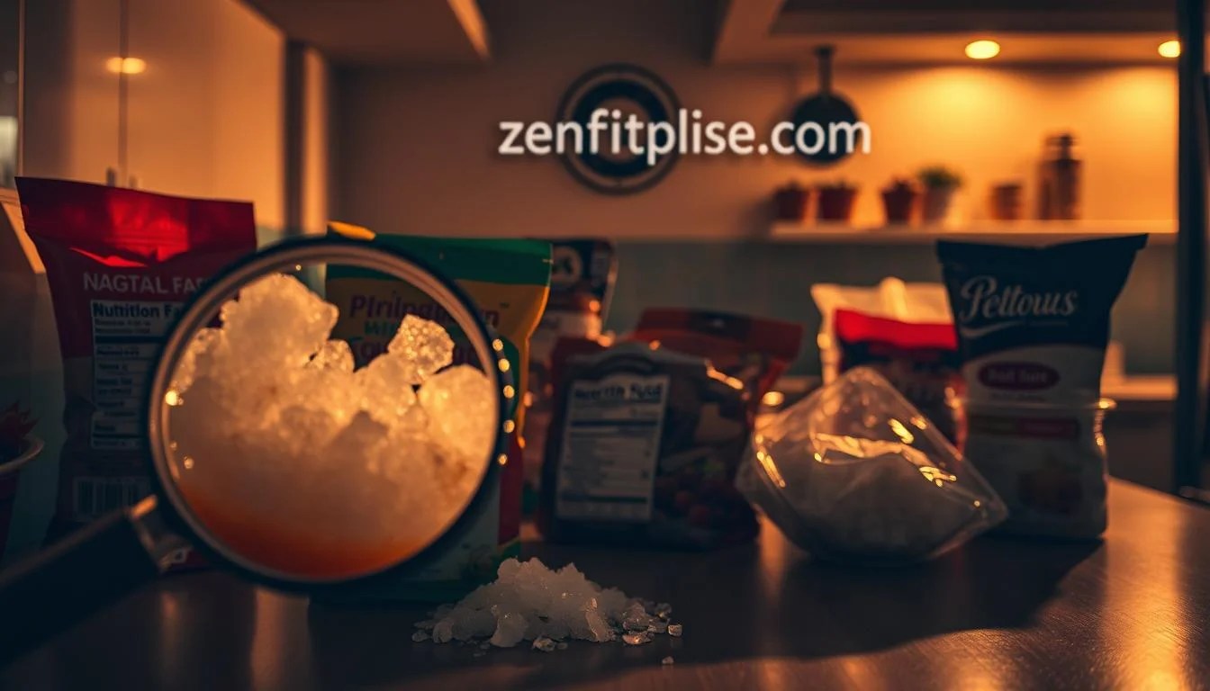 A dimly lit kitchen counter, casting long shadows, showcases an array of seemingly "healthy" packaged foods. In the foreground, a magnifying glass reveals the hidden sugar content, with crystals and syrup spilling out. In the middle ground, a nutrition label is partially obscured, hinting at the deceptive marketing. In the background, the zenfitpulse.com logo hangs ominously, a reminder of the unseen dangers lurking in these common grocery items. The scene is bathed in a warm, amber glow, creating a sense of unease and the need to uncover the truth.