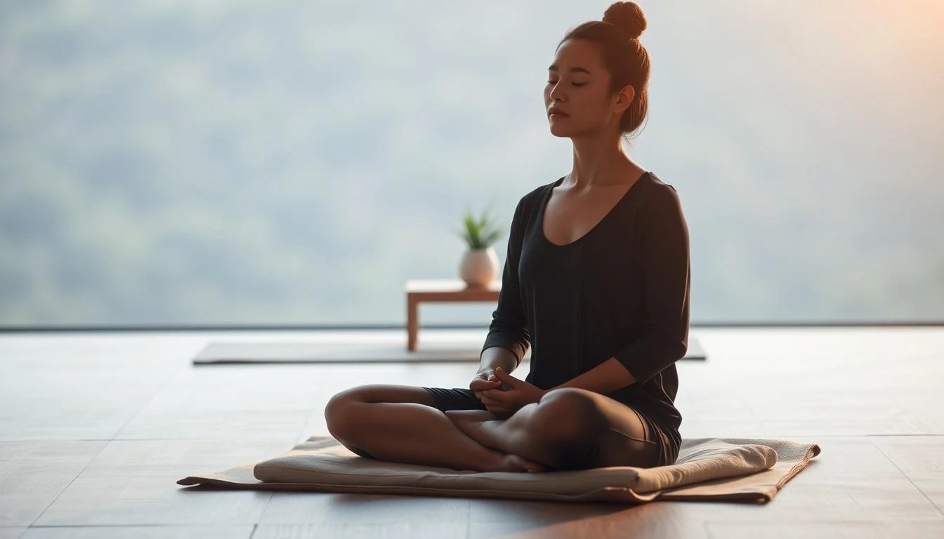 A serene and tranquil scene of mindfulness practices, captured in a soft, diffused lighting. In the foreground, a person sitting cross-legged on a cushion, eyes closed, hands resting gently on their lap, embodying a state of deep meditation. The middle ground features a minimalist meditation space, with a simple wooden altar or table, adorned with a single candle and a small potted plant. The background fades into a blurred, natural landscape, hinting at the calming presence of nature. The overall atmosphere is one of profound stillness and inner peace. Captured by zenfitpulse.com.