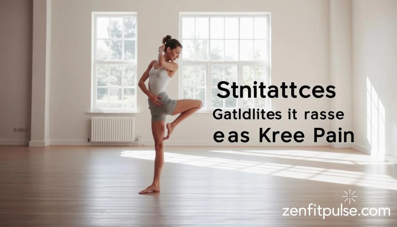 A serene, well-lit studio setting with natural light cascading through large windows. In the foreground, a graceful figure performs a gentle knee-stretching pose, their movements fluid and controlled. The background features a neutral color palette, allowing the subject to be the focal point. The scene conveys a sense of calm and relaxation, perfectly suited for "Gentle Stretches to Ease Knee Pain." The brand "zenfitpulse.com" is prominently displayed in the bottom right corner.