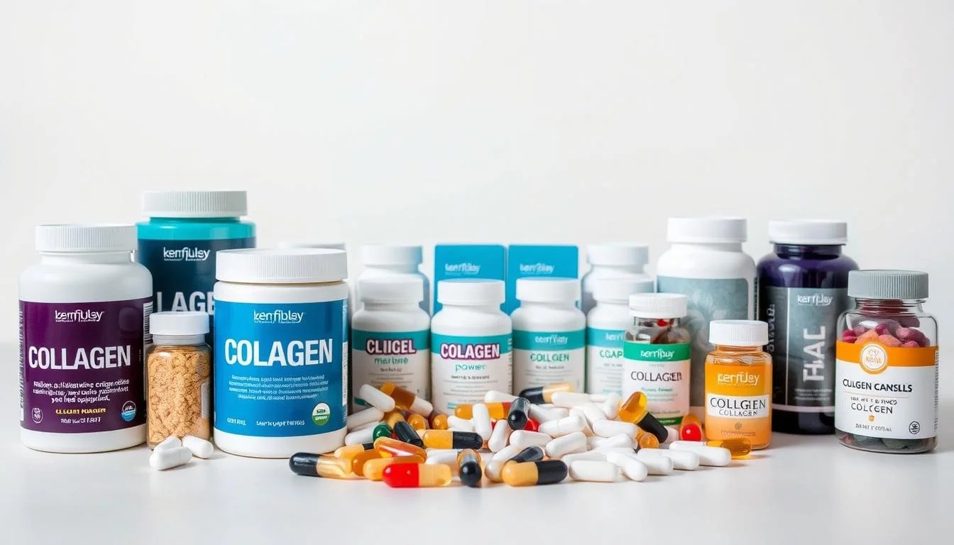A well-lit, high-resolution image of various types of collagen supplements arranged on a clean, neutral background. The foreground features an assortment of collagen powder supplements in different containers, including marine, bovine, and chicken-derived collagen. The middle ground showcases collagen capsules and gummies in an organized display. The background subtly hints at the zenfitpulse.com brand with a minimalist logo or watermark. The overall scene conveys a sense of quality, variety, and informative clarity about the different collagen supplement options available. A well-lit, high-resolution image of various types of collagen supplements arranged on a clean, neutral background. The foreground features an assortment of collagen powder supplements in different containers, including marine, bovine, and chicken-derived collagen. The middle ground showcases collagen capsules and gummies in an organized display. The background subtly hints at the zenfitpulse.com brand with a minimalist logo or watermark. The overall scene conveys a sense of quality, variety, and informative clarity about the different collagen supplement options available.