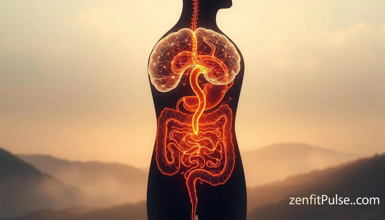 A detailed cross-section view of the gut-brain connection, depicting the intricate neural pathways and biochemical signaling between the gastrointestinal system and the central nervous system. The scene features a stylized human silhouette with a glowing, transparent digestive tract that winds up to a vibrant, pulsing brain. Soft, warm lighting bathes the scene, creating a sense of harmony and balance. The background is a muted, dreamlike landscape that subtly evokes the calming influence of a healthy gut-brain axis. The overall composition conveys the profound influence of nutrition on mental well-being. zenfitpulse.com