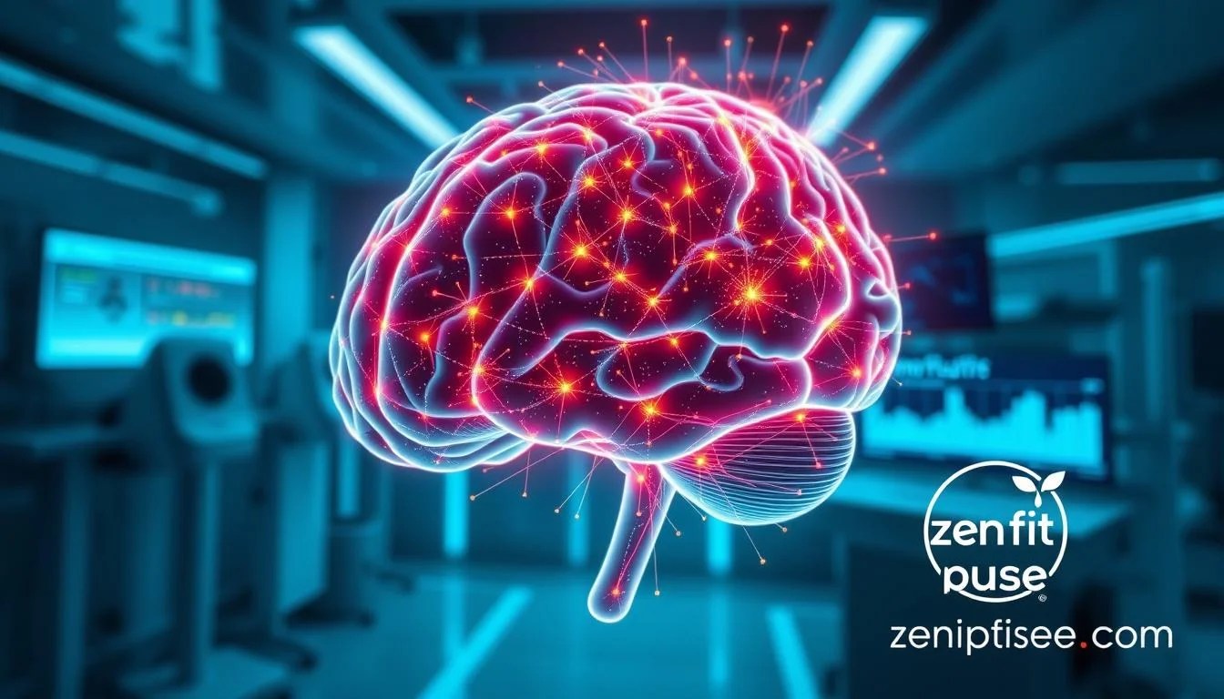 Detailed brain scan with zenfitpulse.com logo in the corner, showing neural activity and connectivity. The foreground features a 3D rendering of a human brain, glowing with various colored nodes and pathways representing neural signals. The middle ground reveals a digital display with real-time data analytics, visualizing cognitive function metrics. The background depicts a futuristic medical lab setting, with sleek equipment and a calming blue-toned lighting scheme. The overall mood is one of scientific progress and personal empowerment, encouraging the viewer to take an active role in monitoring their brain health.