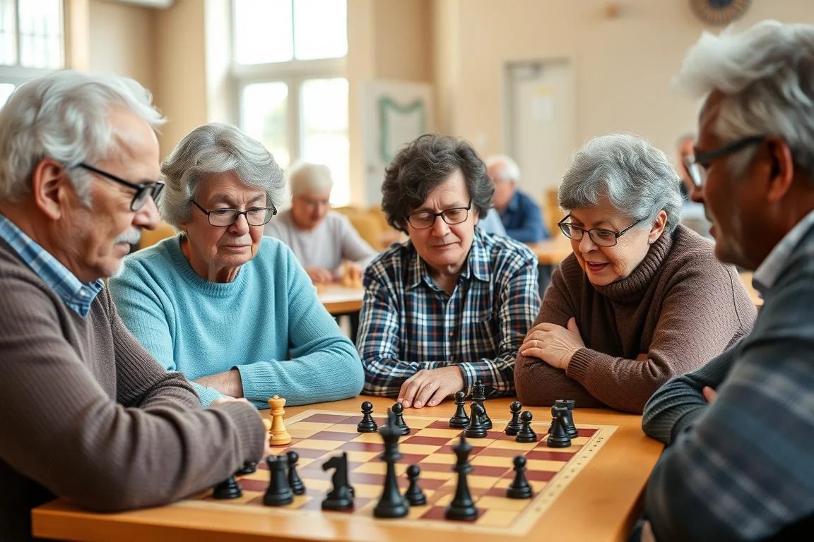 Group of seniors participating in a chess class, showing cognitive training to address brain aging signs