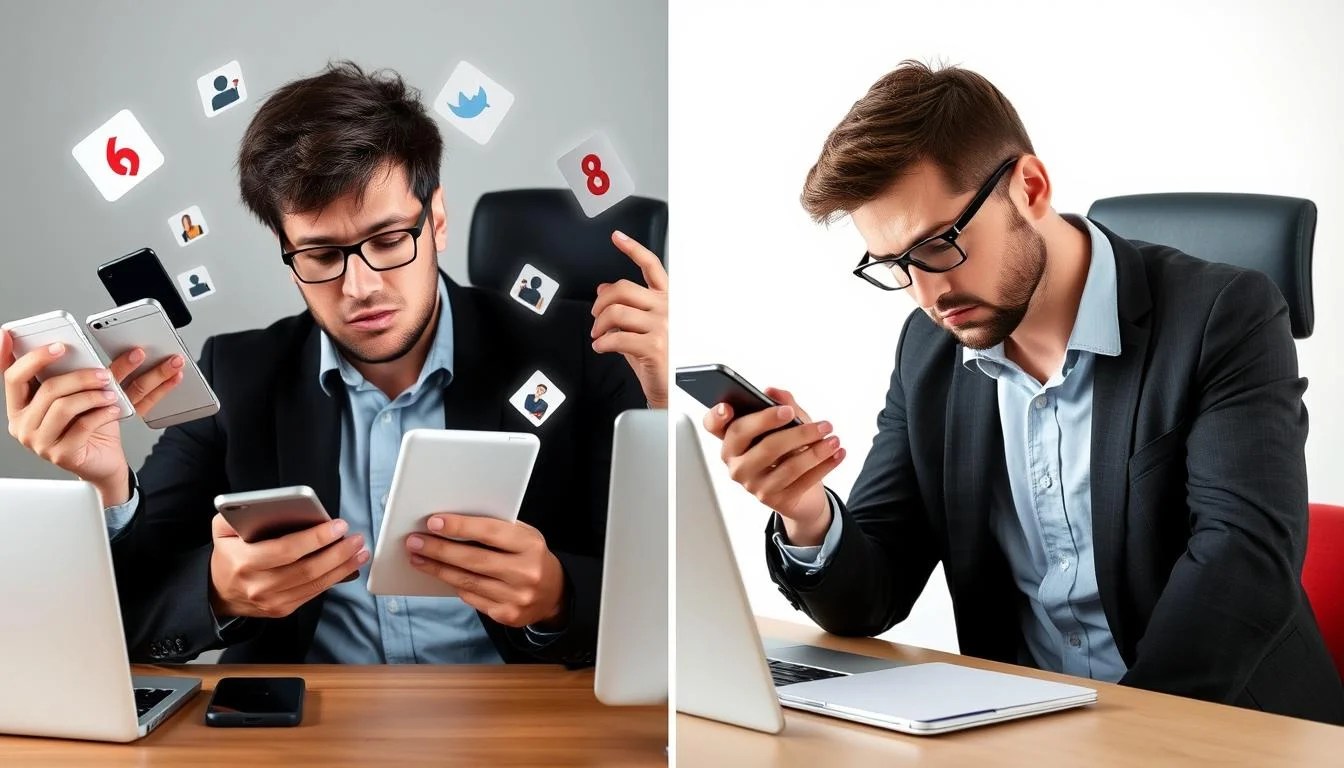 Person attempting to multitask between multiple digital devices showing signs of focus depletion and digital burnout