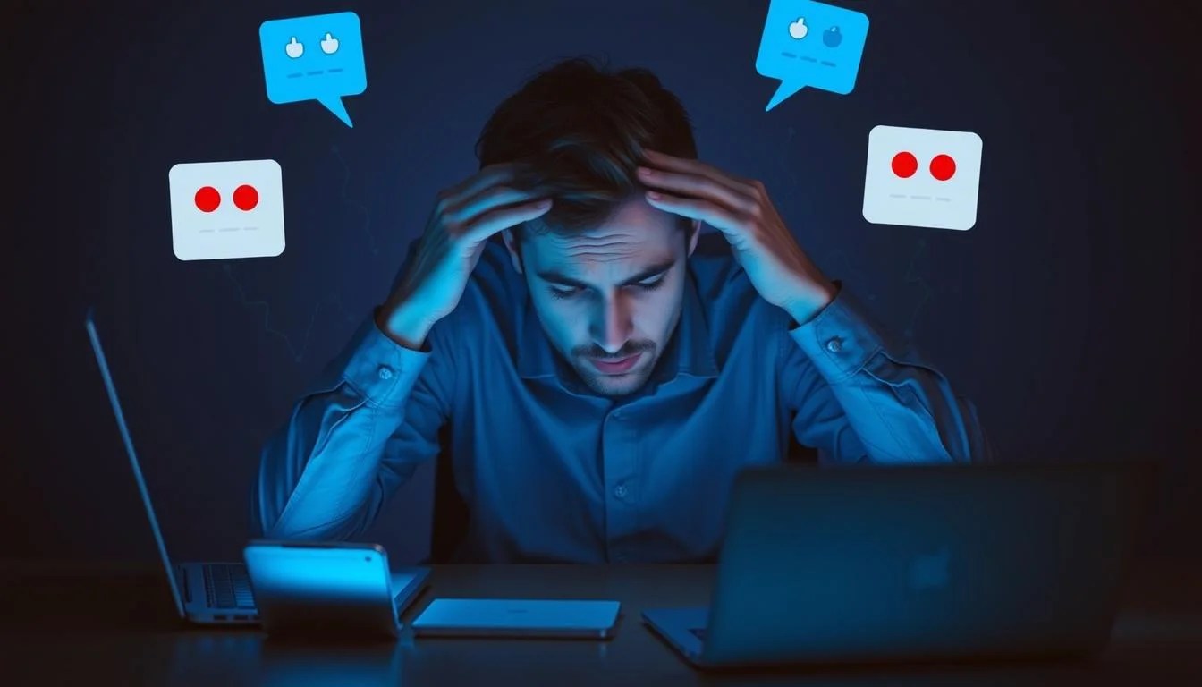 Digital Burnout: How Endless Notifications Drain Your Energy, Focus, and Hormones 1 Person looking exhausted while surrounded by multiple device notifications showing digital burnout symptoms