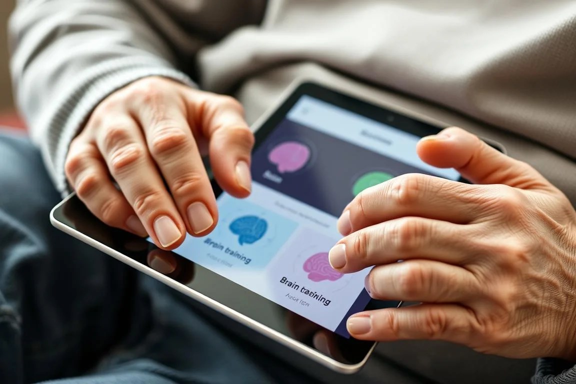 Person using digital tablet for brain training exercises to monitor brain aging signs