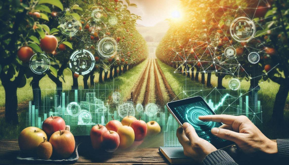 Graphic depicting person using a tablet to collect data from an apple orchard.