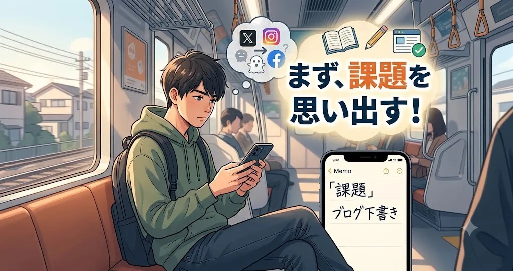 電車の中でSNSを開く前に課題を思い出し、ブログ執筆の隙間時間を生み出す男子大学生のイラスト