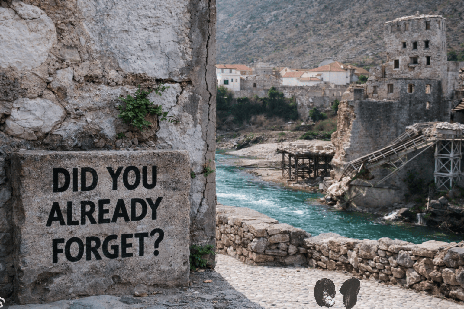 AI anti war art showing a stone in Mostar redesigned with the message "Never forget" near war-damaged architecture symbolizing memory and remembrance of war