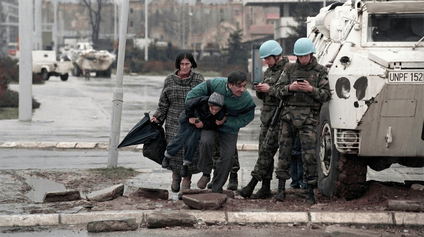 Civilians running for safety during conflict while UN peacekeepers stand nearby looking at their phones, showing detachment from the situation