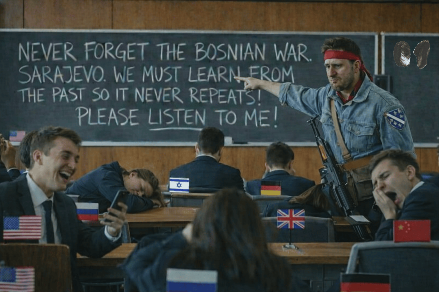 AI anti war art showing a classroom ignoring a lesson about the Bosnian war in Sarajevo symbolizing ignorance, denial and failure to learn from history