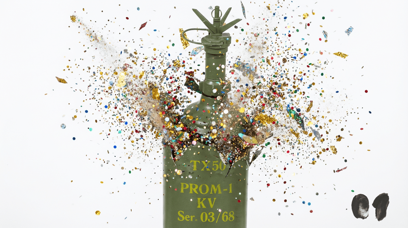 A landmine explodes into colorful glitter instead of shrapnel, contrasting destruction with artificial beauty