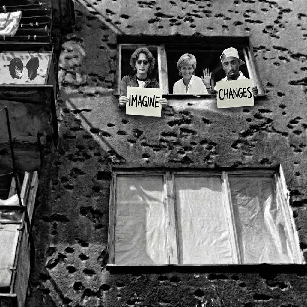 Black and white anti war artwork set in war damaged Sarajevo showing figures holding signs reading "Imagine" and "Changes" symbolizing hope, peace and the possibility of change during conflict