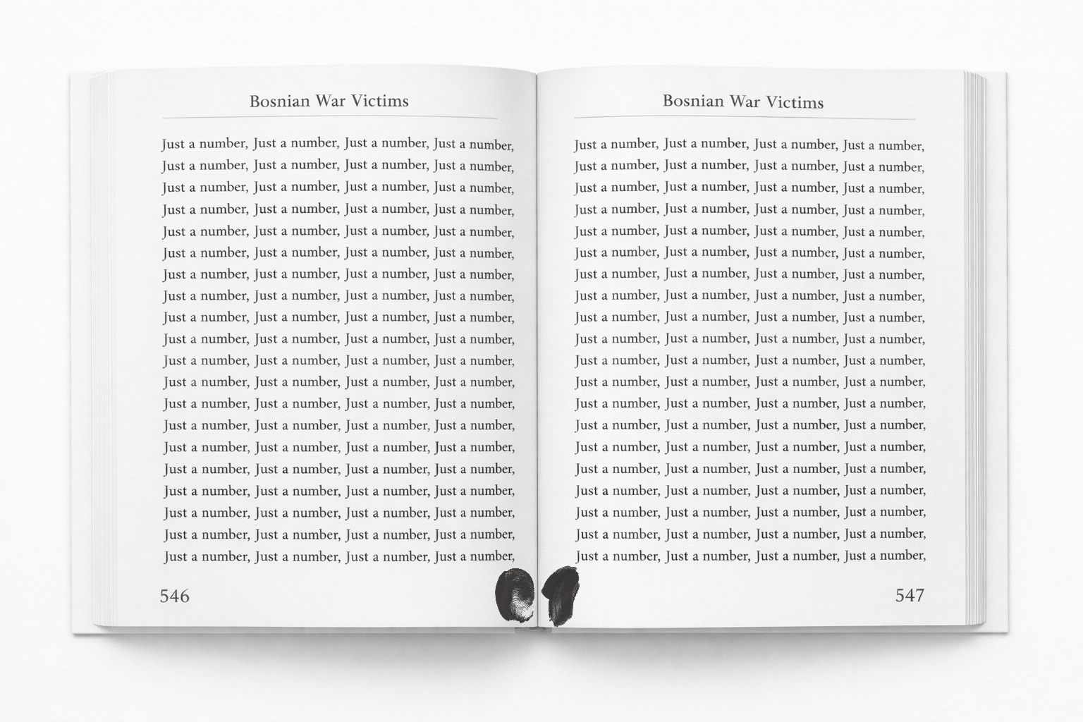 Open book titled Bosnian War Victims with repeated text "Just a number" across pages symbolizing how victims are reduced to statistics