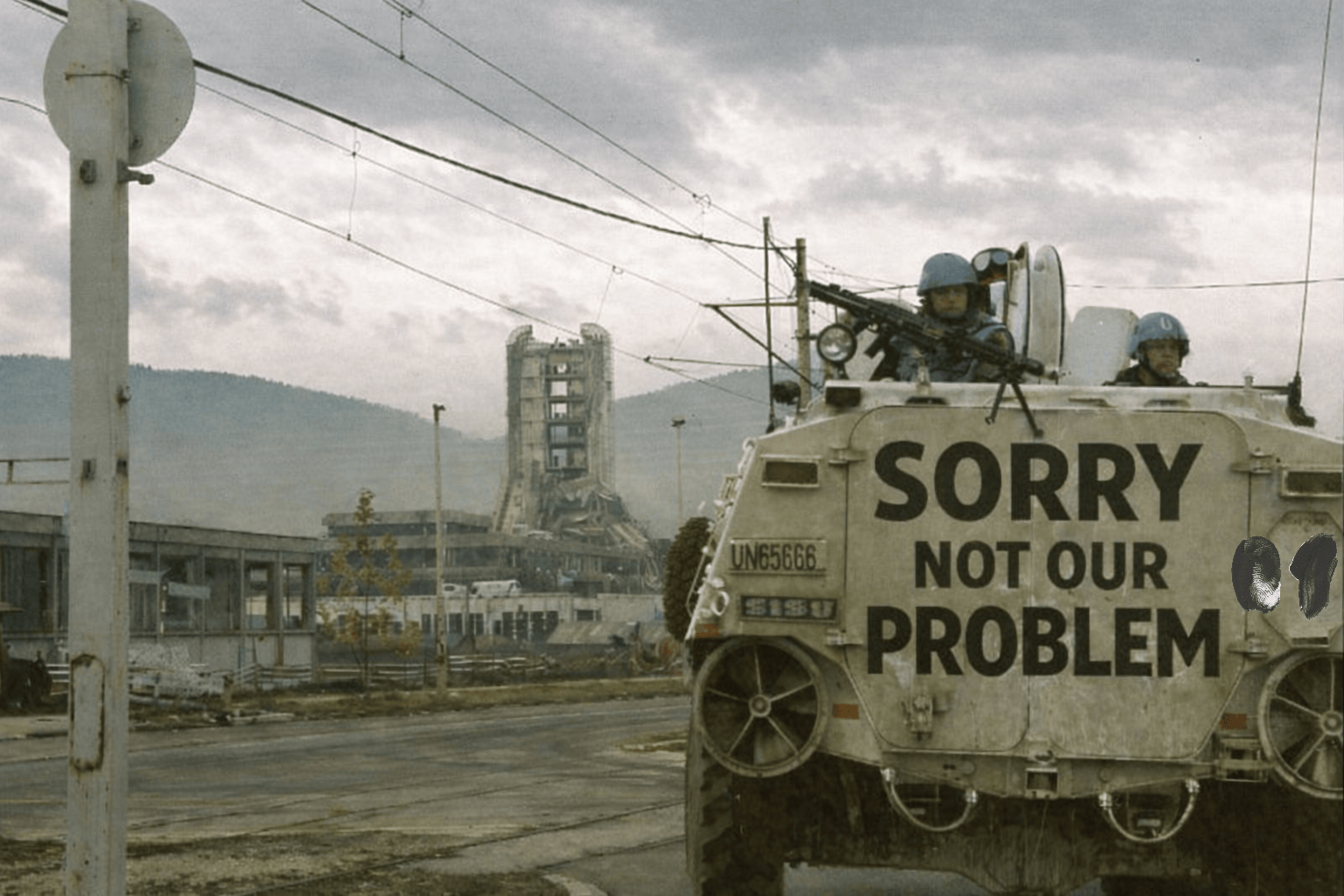 AI anti war art showing a UN armored vehicle during the Siege of Sarajevo with the message "Sorry not our problem" symbolizing inaction and indifference